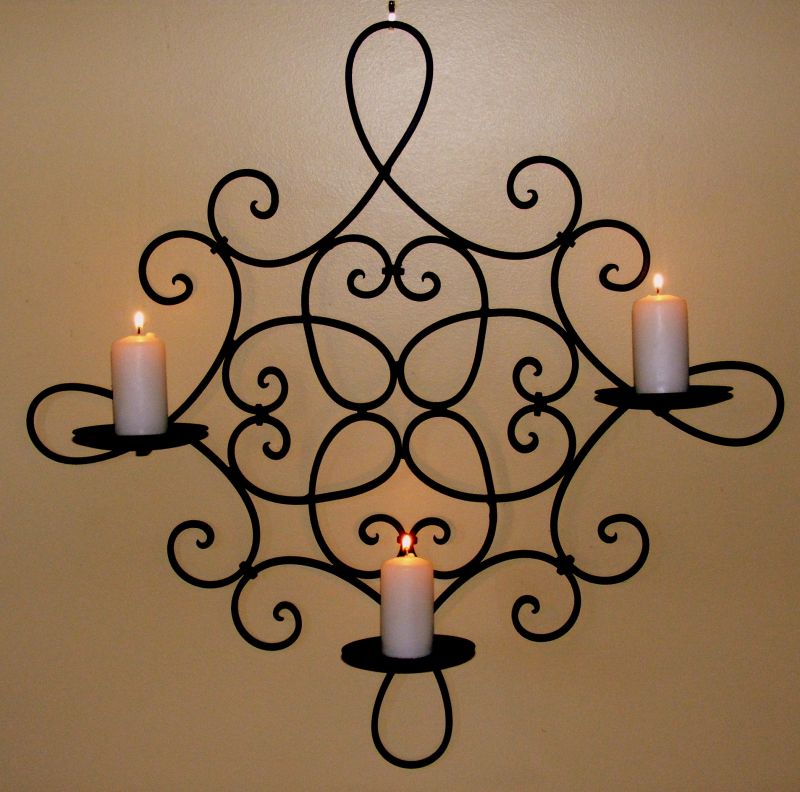 Wrought Iron Candle Holder - Rustic Country Decor -Wall 3 cup Square Br/Bl  CW11