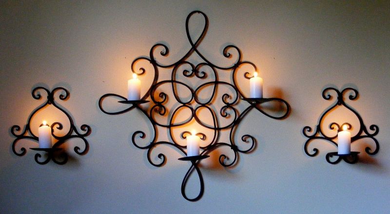 Set of 3 Wrought Iron Candle Holders Rustic Country - Wall 3 cup + Pr 1 cup CW20
