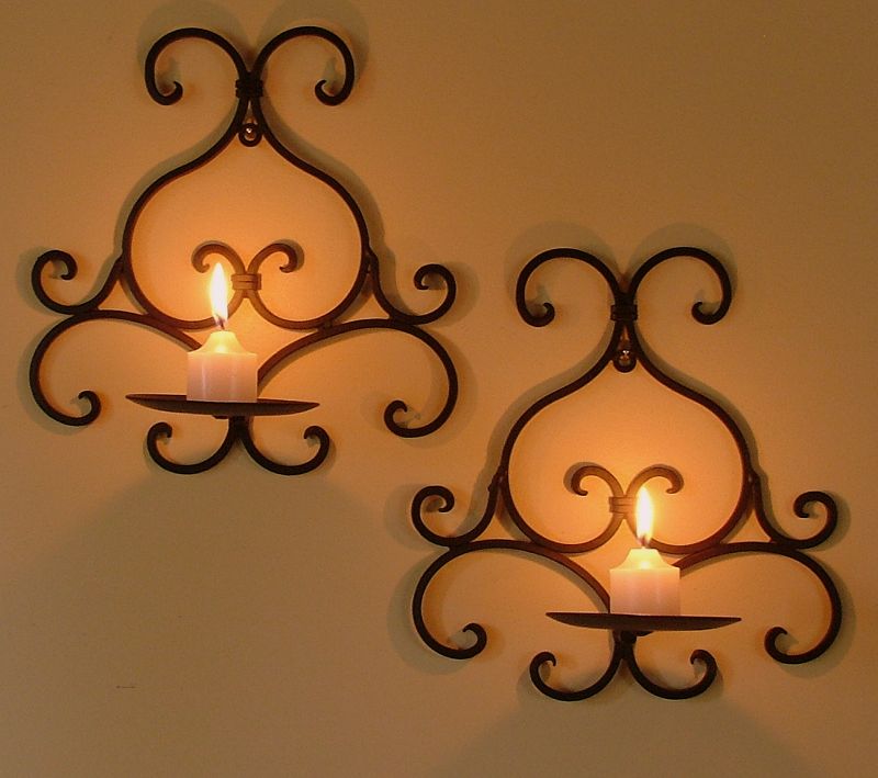Pair of Wrought Iron Candle Holders - Rustic Country Wall 1 cup Brown Black CW21
