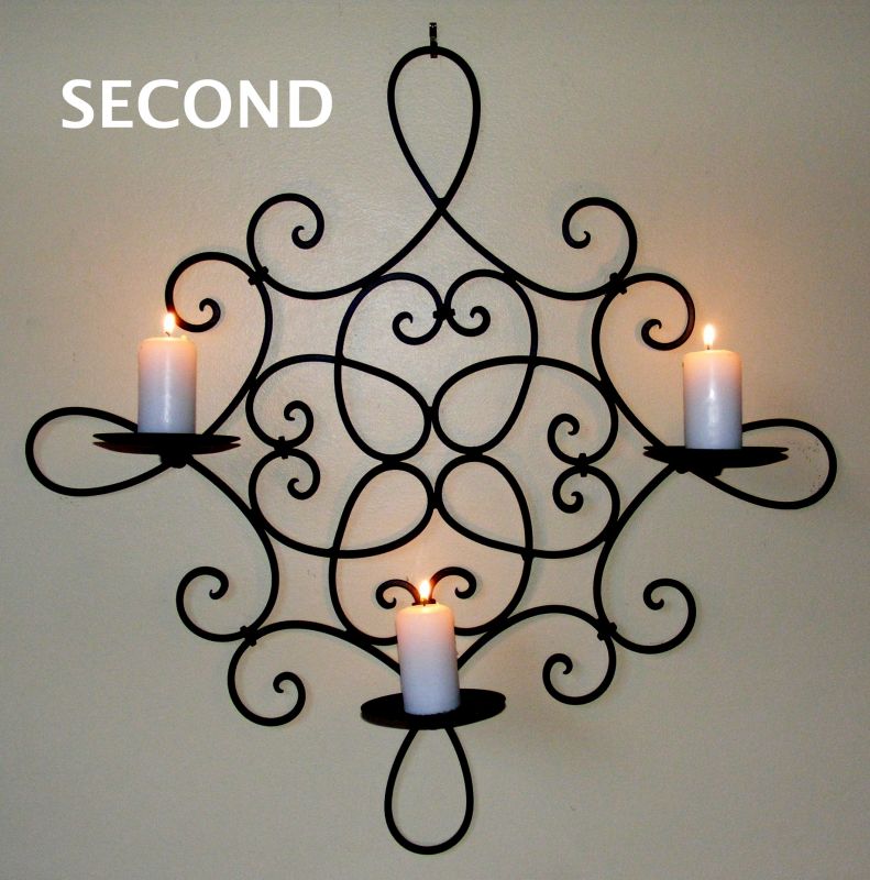 Wrought Iron Candle Holder Rustic Country Wall 3 cup Square Bl Min/Second CW29