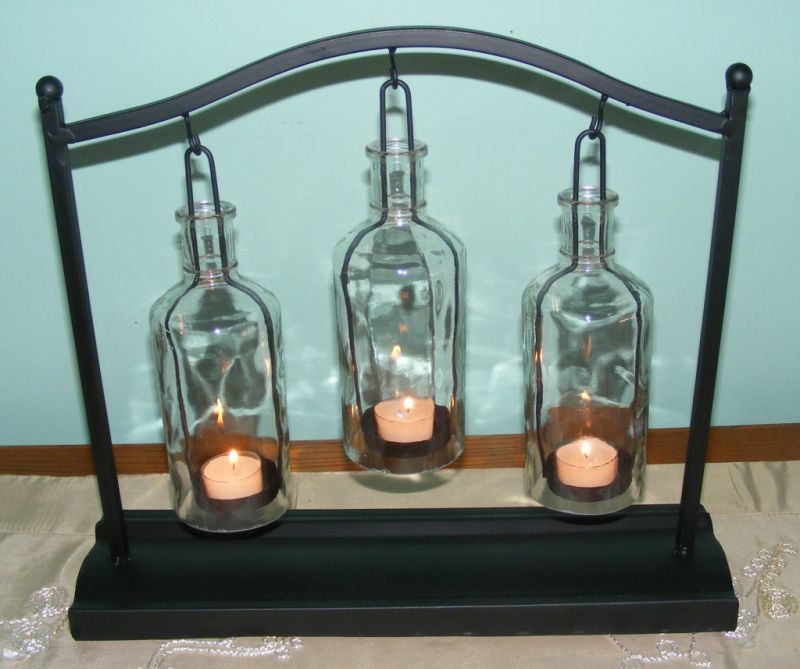 Large Metal Standing Candle Holder - Table - Tea light Glass Bottles x 3 - CF56
