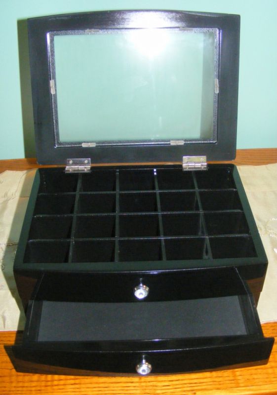Wooden Jewellery Trinket Box - Glass Top Timber High Gloss Black 1 Drawer - JB41