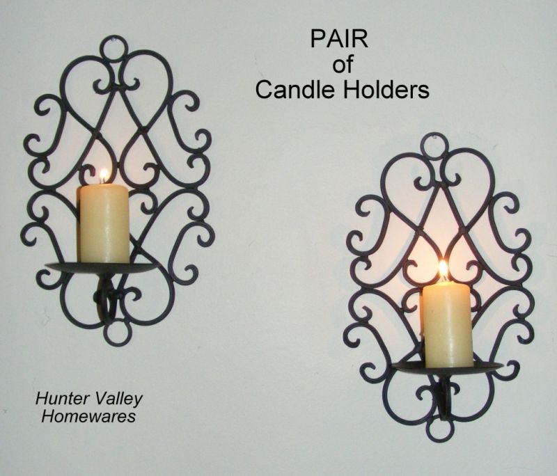 Pair of Wrought Iron Candle Holders Rustic Wall Decor Heart Sconces Black - CW48