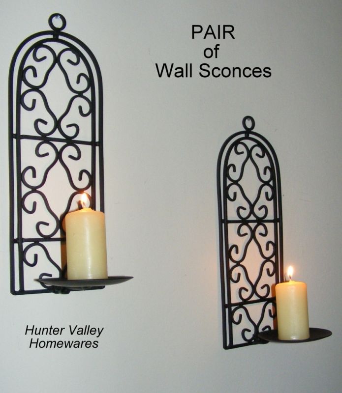Pair of Wrought Iron Candle Holders - Rustic Country Arched Sconces Bl CW49
