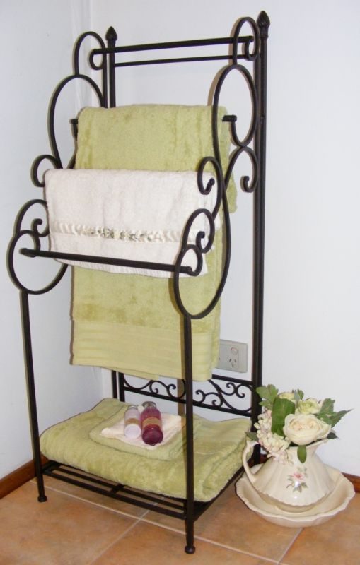 Large Wrought Iron Towel Rack Floor Free Standing Tall with Shelf - 4 Rail BA50