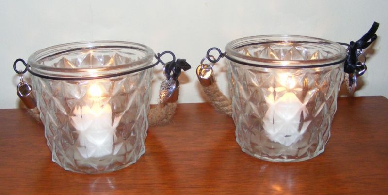 Pair of Candle Holders Glass Table Votive / Tea Light Heart Rope Handle x2  CG24