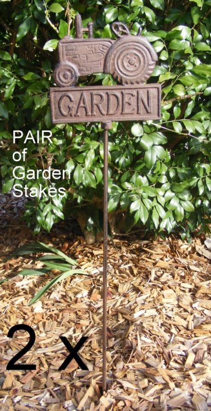 PAIR of Cast Iron Decorative Garden Spike Stake Marker - Tractor Design 2x  CI72