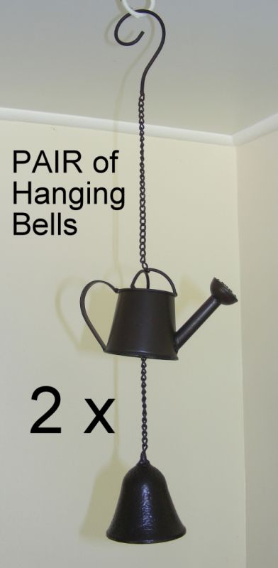 PAIR of Cast Iron Hanging Bell Rustic Garden Chime Decoration  Watering Can CI77