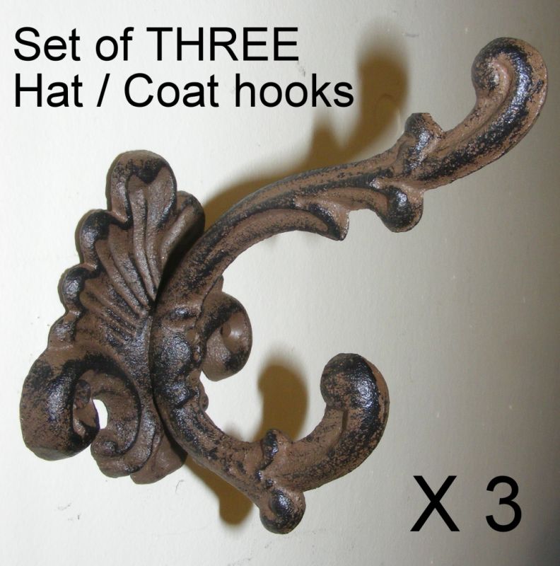 Set of 3 Cast Iron Fleur De Lis Hat Coat Hook Rustic Country Double Hooks - CI90