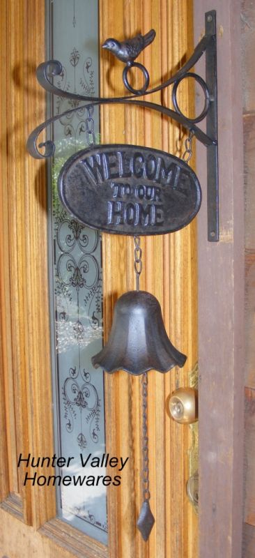 Rustic French Solid Cast Iron Hanging Door Bell Welcome to our Home Black CI98
